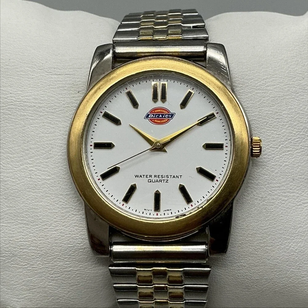 Dickies Mens Watch 36mm White Dial Silver Gold Tone Bracelet Quartz New Battery